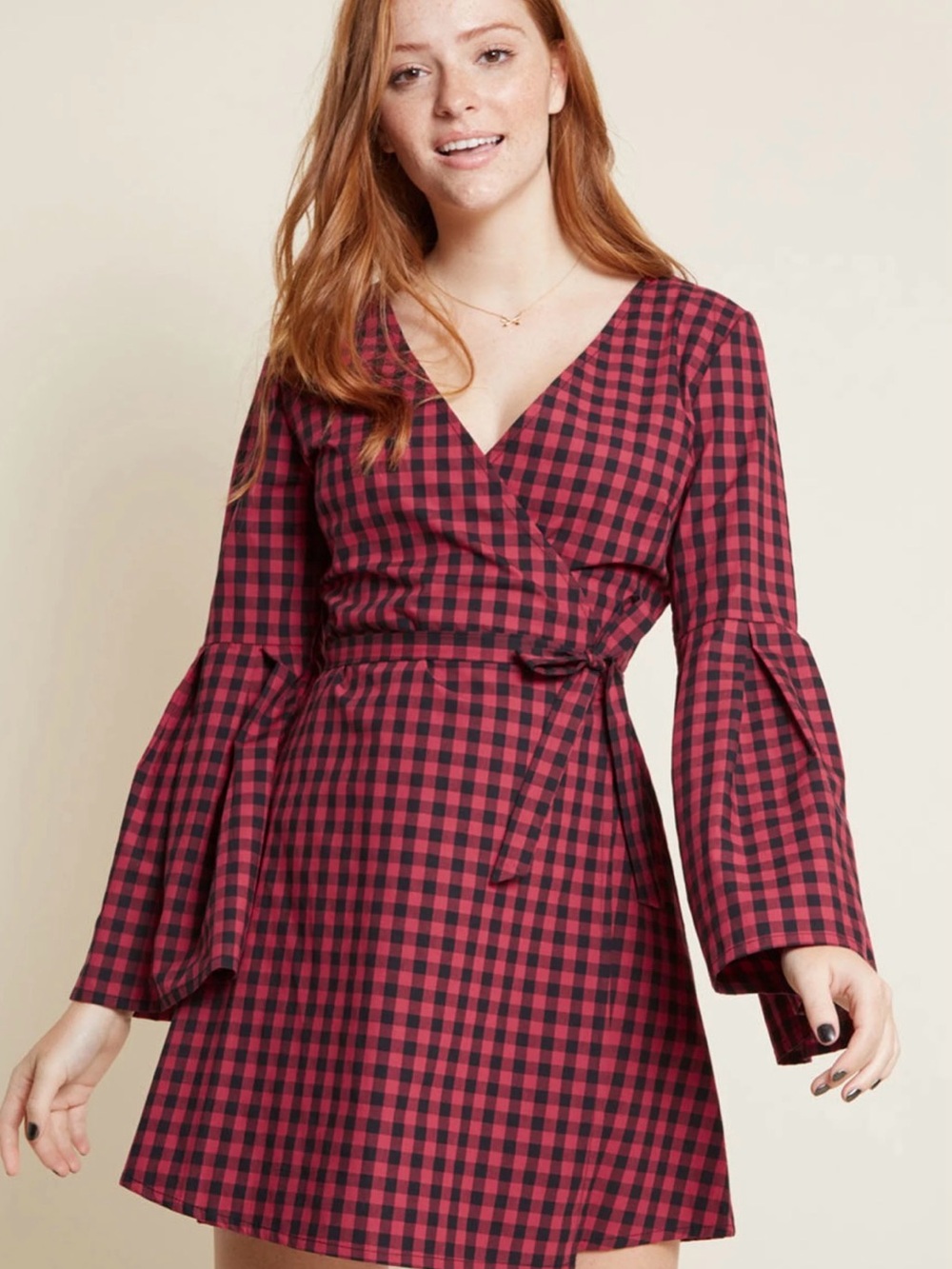 Jack by BB Dakota Red and Black Checked Wrap Dress